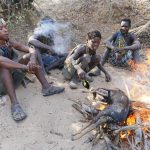 Young Hadzabe men roasting an antelope for food